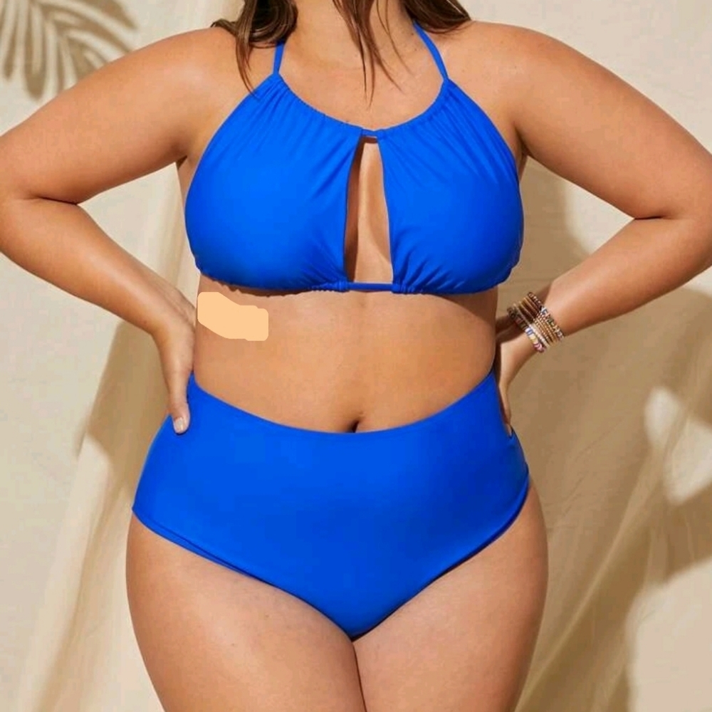 Plus Solid Halter High Waisted Bikini Swimsuit
